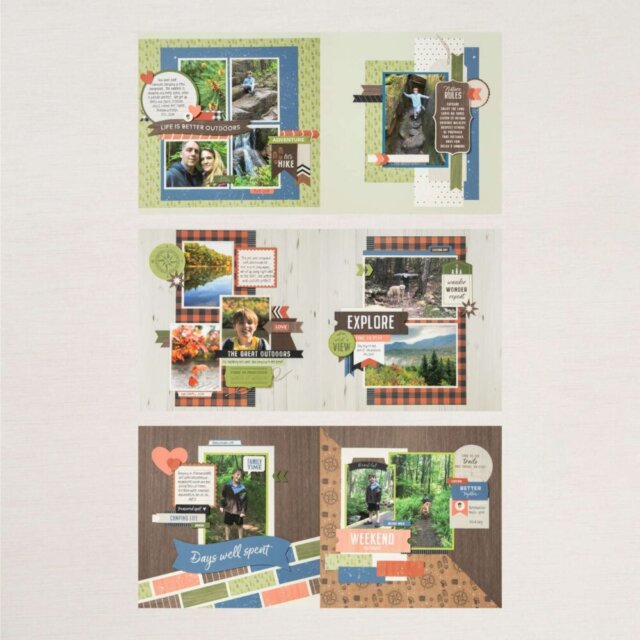 Stampin’ Up promotional image displaying finished scrapbook pages from the Weekend Adventures Kit with coordinating supplies.