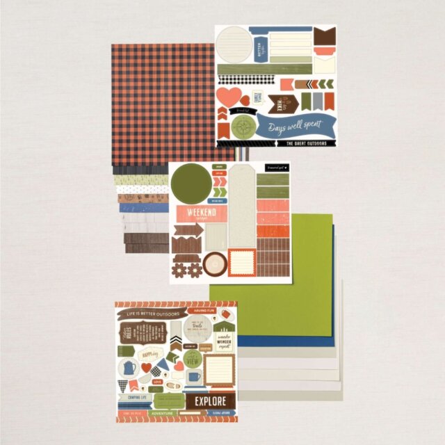 Promotional graphic of the Weekend Adventures Scrapbooking Kit showing kit contents including patterned papers and embellishments.