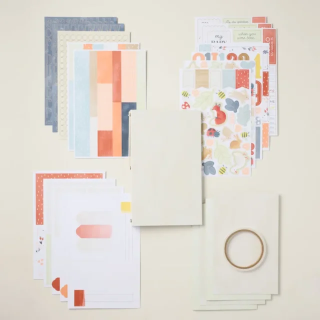 Overview of the As You Grow Kit showing album cover, fold-out pages, pockets, sticker sheets, and journaling pieces.