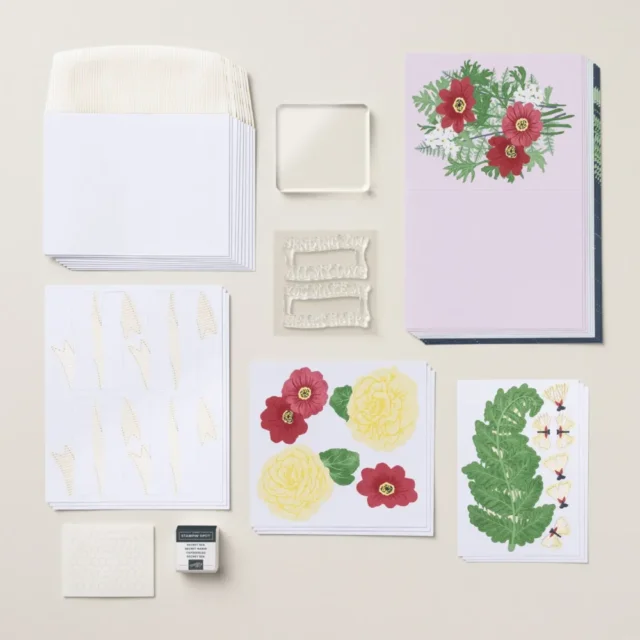 Overview of the Banner Botanicals Kit with stamp set, ink spot, card bases, and precut pieces—great for beginner card making kits.