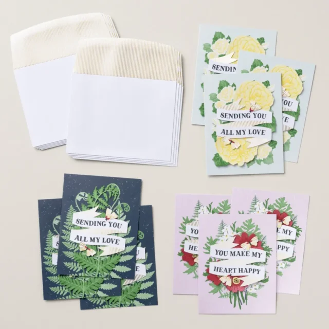 Completed cards from the Banner Botanicals Kit featuring botanical artwork and stamped sentiments.
