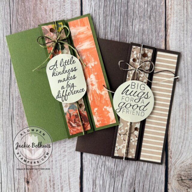 Two finished handmade cards using coordinated paper pieces from a double one sheet wonder layout