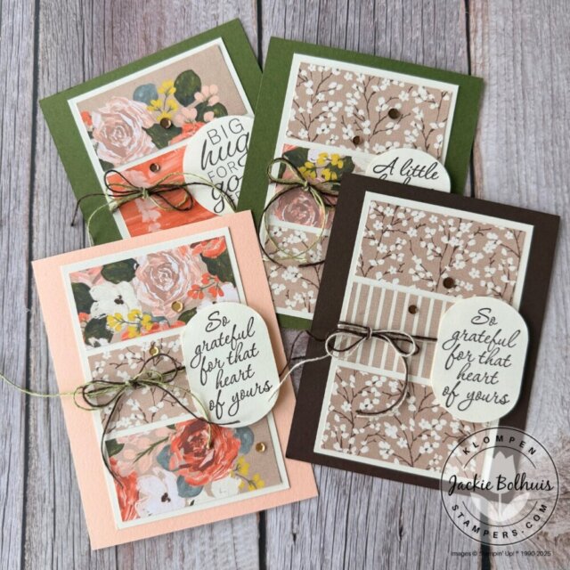 Four finished handmade cards showcasing easy card layouts made from a double one sheet wonder template