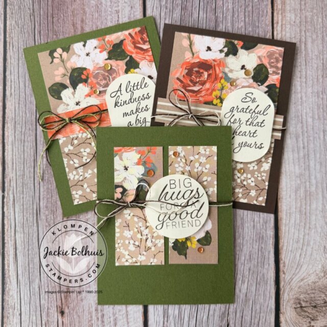Three finished handmade cards featuring simple card designs created with designer series paper