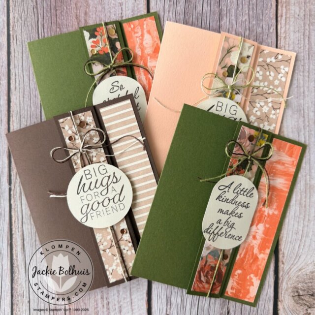 Four finished handmade cards created using a one sheet wonder card making template with coordinating designer paper