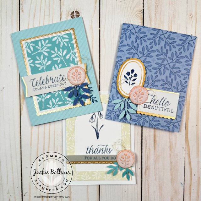 Three completed cards created with the Everyday Beauty beginner card making kit