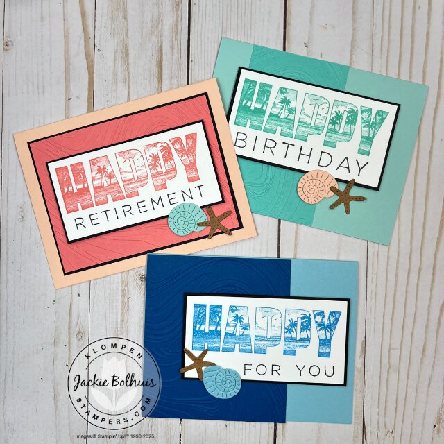 Three completed handmade SIP cards created with the Stampin’ Up!® Happy Place stamp set using simple stamps, ink, and paper