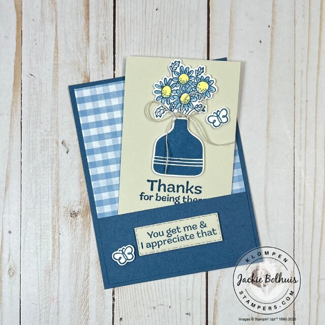 Completed simple fun fold card featuring the Pop-Up Petals bundle with a pocket design