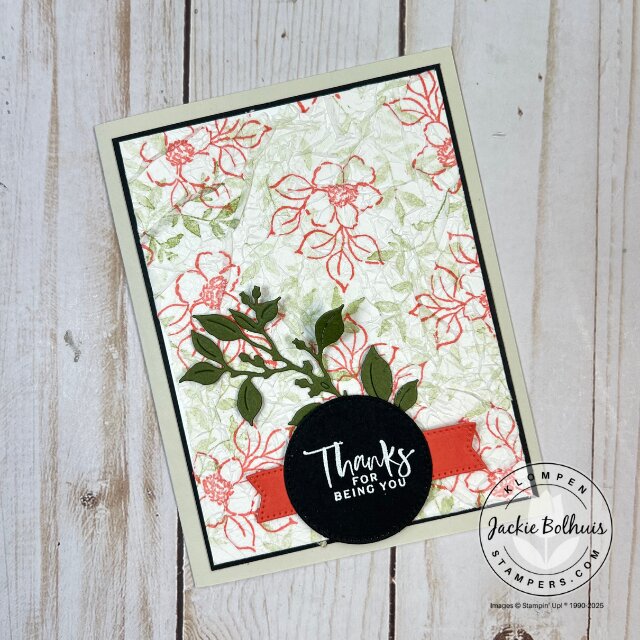 Completed handmade card created in the video tutorial using easy background techniques and textured tissue paper