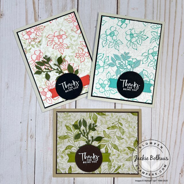 Three handmade card samples created using easy background techniques with a textured tissue paper design