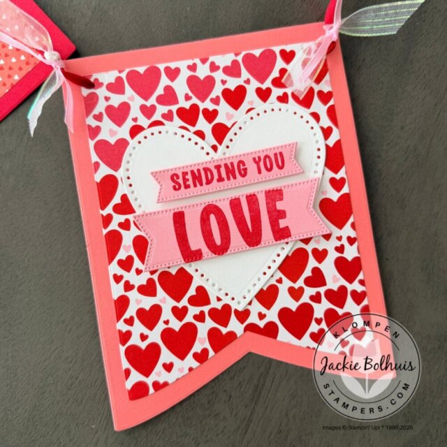 Handmade Valentine banner detail showing how individual banner pieces are decorated.
