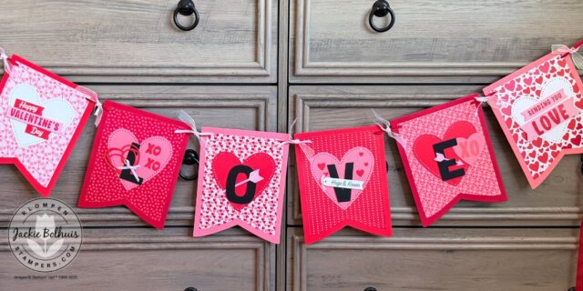 Full Valentine’s Day banner created with the Party Banners Dies using patterned paper and heart accents.