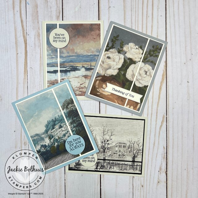 Four completed handmade cards created using one easy card template with Designer Series Paper