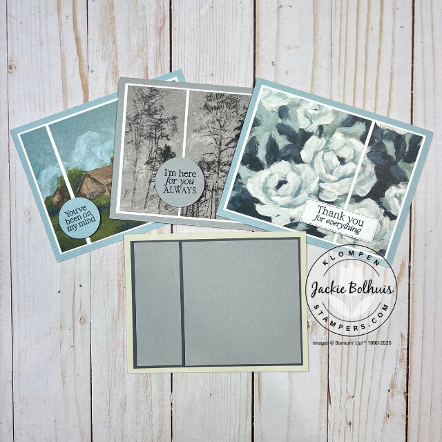 Three finished cards displayed together with the card template for easy comparison