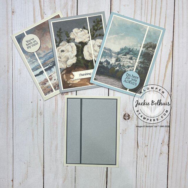 Three handmade cards created from one card template shown alongside the layout