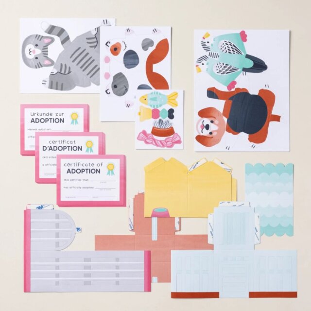 Adopt a Pet craft kit supplies laid out, including boxes and paper pieces for beginners