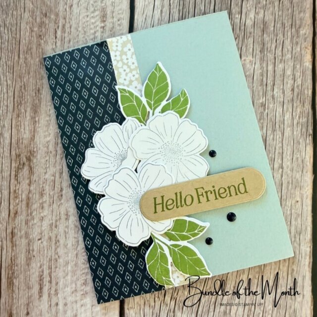 Handmade sample card from the Bundle of the Month class using the Lovely Arrangements Bundle with layered die cuts and sentiment