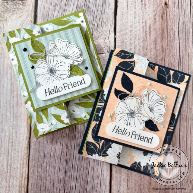Two finished fun fold card fronts featuring Lovely Blossoms DSP and Lovely Arrangements bundle