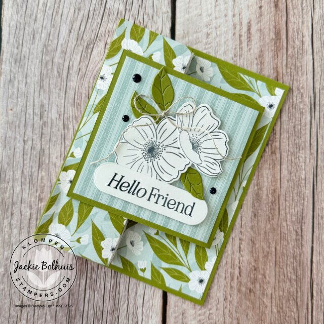 Finished fun fold card front from the video featuring Lovely Blossoms DSP and coordinating die cut