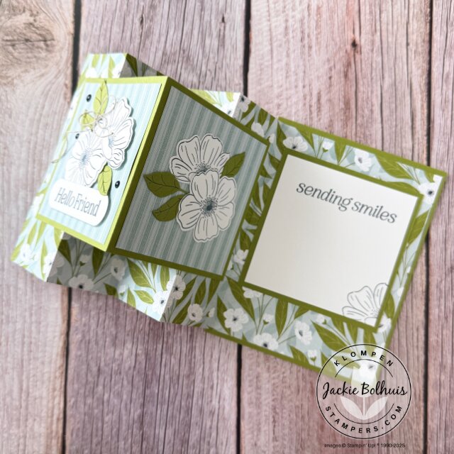 Open fun fold card showing inside panel and patterned paper layers from the video tutorial