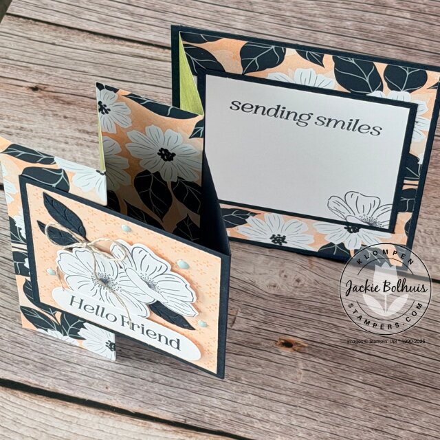 Second fun fold card displayed open showing inside design, then standing open to show the fold