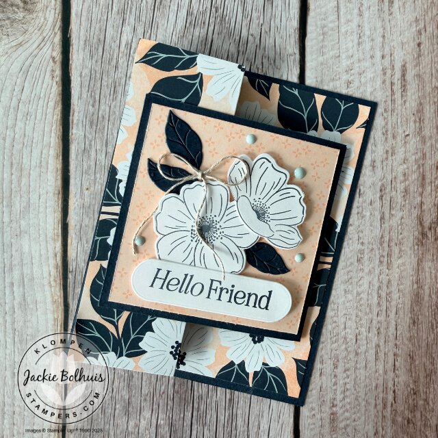 Alternate fun fold card front sample using Lovely Arrangements bundle with different colors and DSP