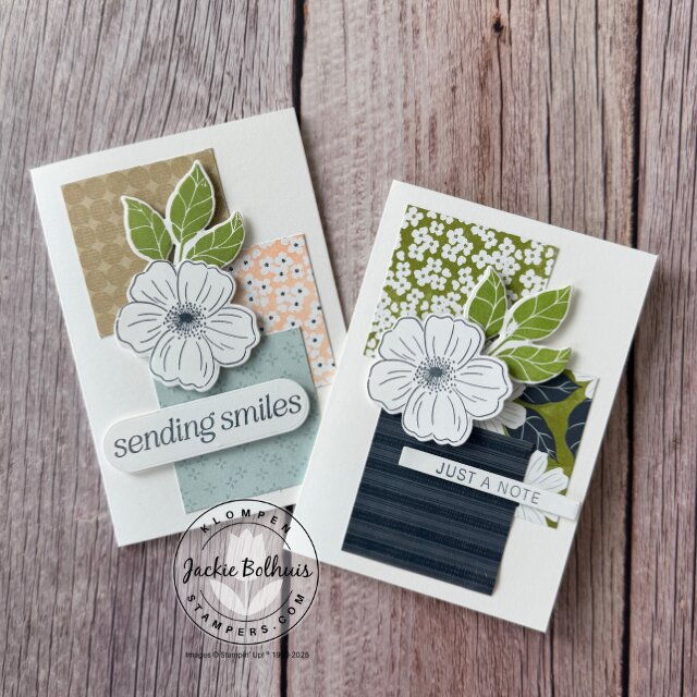 Two completed easy SIP cards made with Stampin’ Up! note cards and DSP scraps