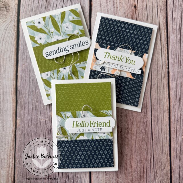 Three completed easy SIP card samples made with DSP scraps and Lovely Arrangements
