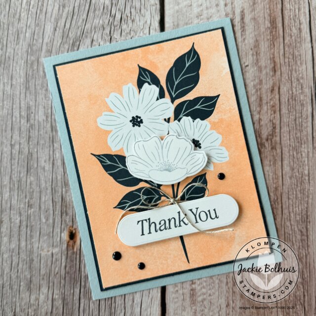 Completed handmade card using DSP scraps on a Stampin’ Up! note card base