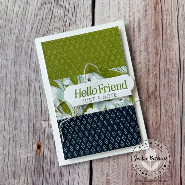 Completed easy SIP card using Stampin’ Up! DSP scraps and a note card base