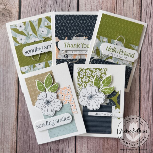 Five completed easy SIP card samples using Designer Series Paper scraps and note cards