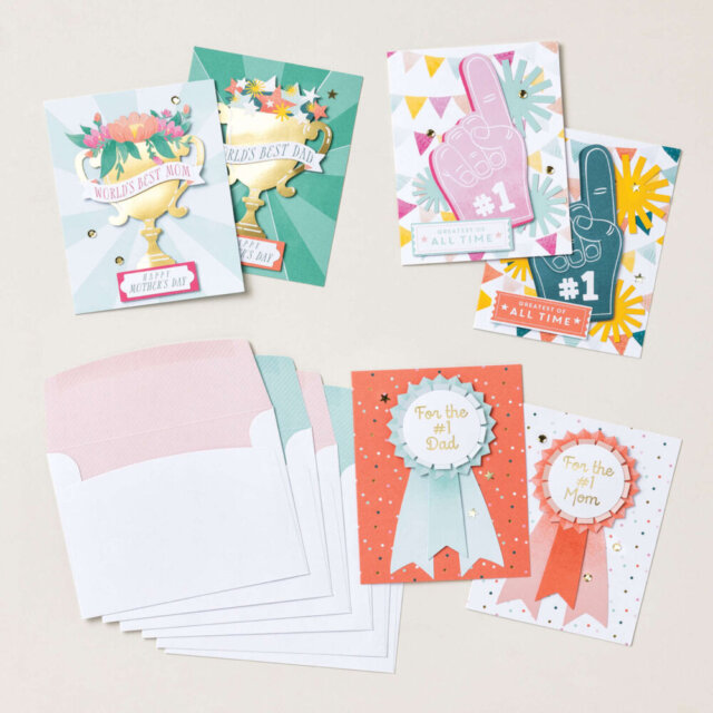 Stampin’ Up! Best Ever Kit celebration cards featuring bright colors and trophy embellishments