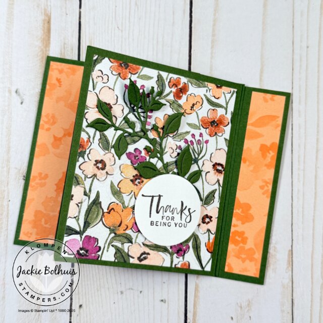 Completed Charming Day card using fun fold card template with Floral Charms Designer Series Paper