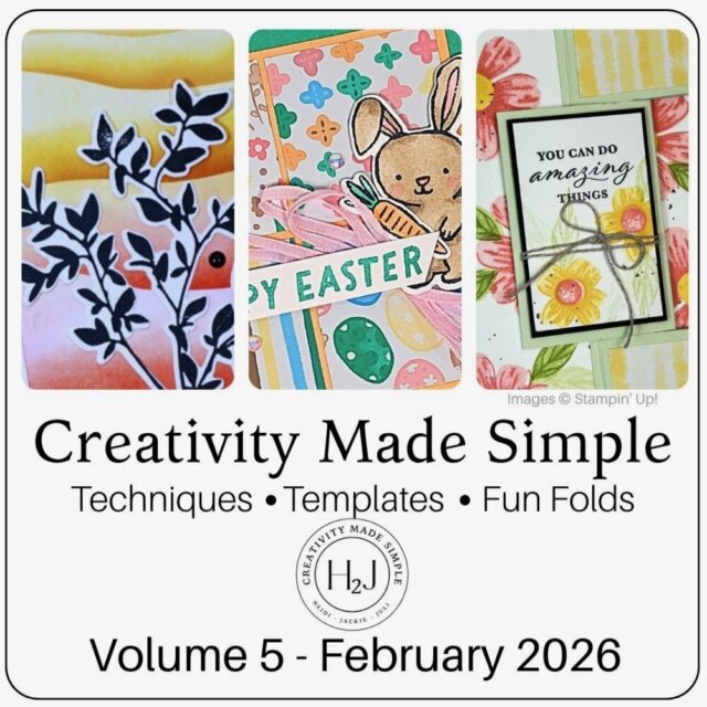 Creativity Made Simple Volume 5 promo image featuring monthly online card classes with techniques, templates, and fun folds.