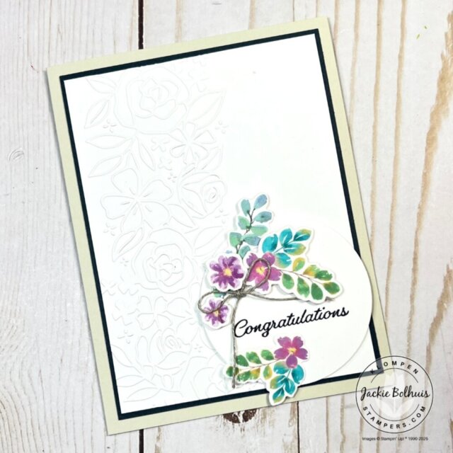 Handmade floral card sample from the Bundle of the Month monthly card making tutorials featuring layered flowers and elegant sentiment