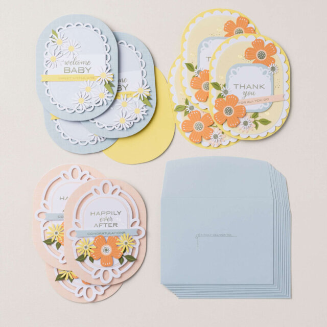 Stampin’ Up! Happy Happenings Kit oval cards with layered designs and pearlized details