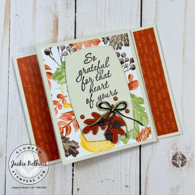 Completed Label Me Grateful fun fold card front featuring fall colors and Gathering Together DSP