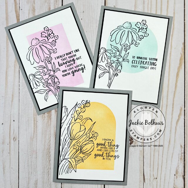 Handmade no-layer card created using an easy card making technique with ink blending and stamped florals