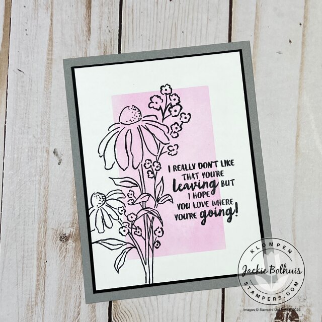 Finished handmade card featuring blended ink, stamped images, and a clean no-layer design