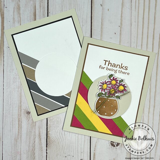 Card sample using the Pop-Up Petals stamp set layered over a simple card template layout