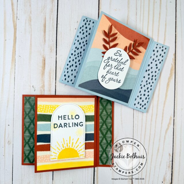 Finished card sample using a layered fun fold card templates with Designer Series Paper and stamped focal point