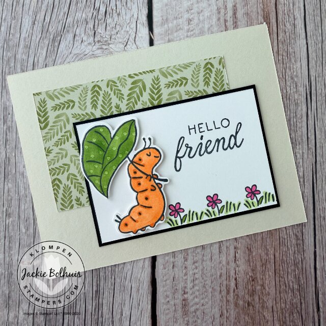 Bright and playful card created with Sweet Bugs stamps and dies, Cute as a Bug DSP, and a clean template-based layout