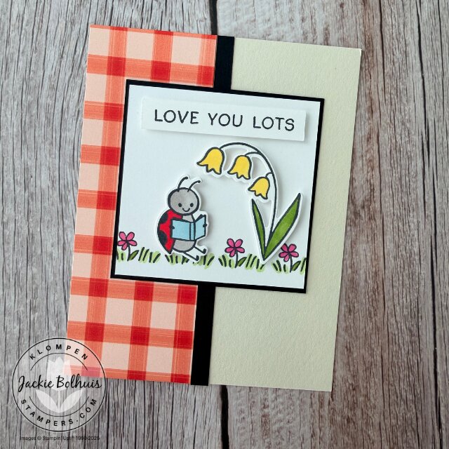 Handmade card using Sweet Bugs bundle layered on Basic Beige cardstock with Cute as a Bug DSP and simple template design