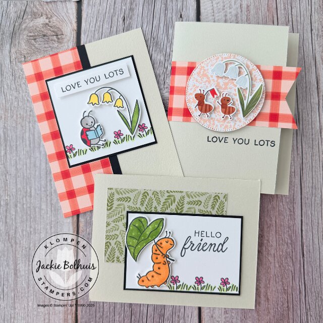 Three completed handmade cards featuring the Sweet Bugs stamp set and Cute as a Bug Designer Series Paper laid together using a simple template layout