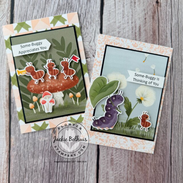 Close-up of two handmade cards where Cute as a Bug DSP is the main design element paired with Basic Beige and Basic Black cardstock