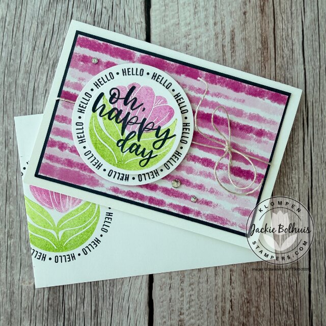 Quick and easy card idea featuring designer series paper and stamped greeting on a note card