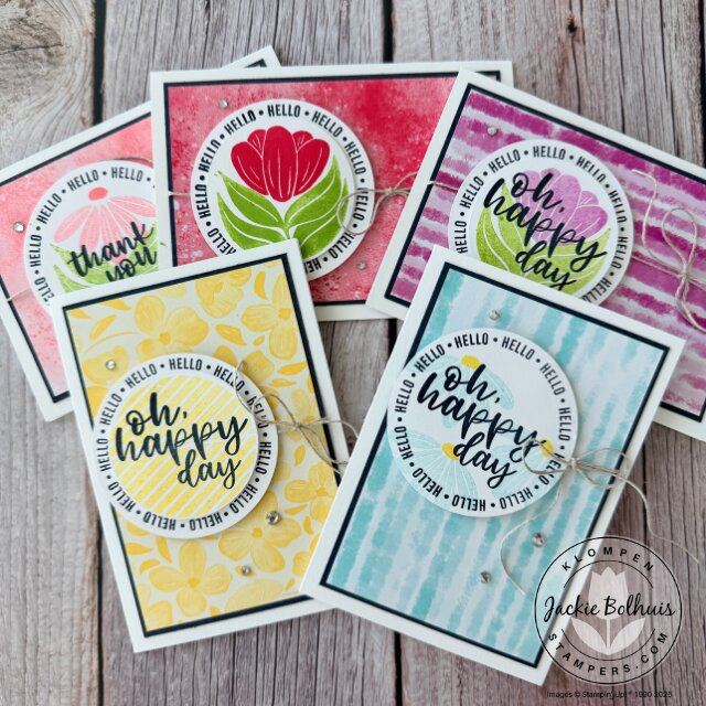 Five handmade cards showing a quick and easy card idea using note cards and designer series paper