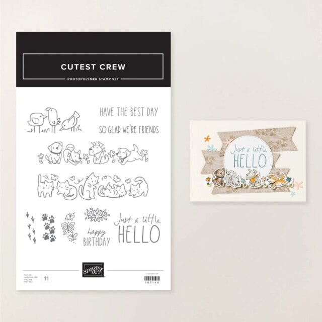 Cutest Crew stamp set featuring playful dogs, cats, and birds used in the April online card making class projects.