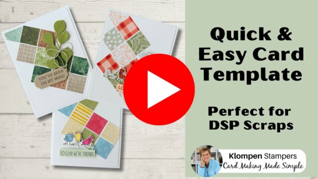 YouTube thumbnail for video tutorial showing how to create a 10-square card front template using scrap patterned paper.