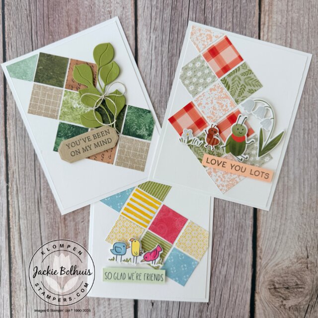 Three completed handmade cards featuring the easy card front template for scrap paper using 1-inch patterned paper squares and Stampin’ Up! products.